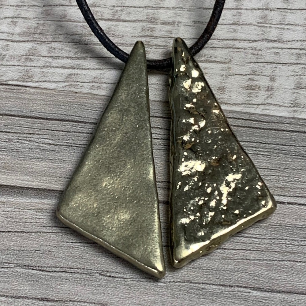 Chicos Gold Tone Textured Double Triangle Pendant Black Cord Necklace 30 Inch